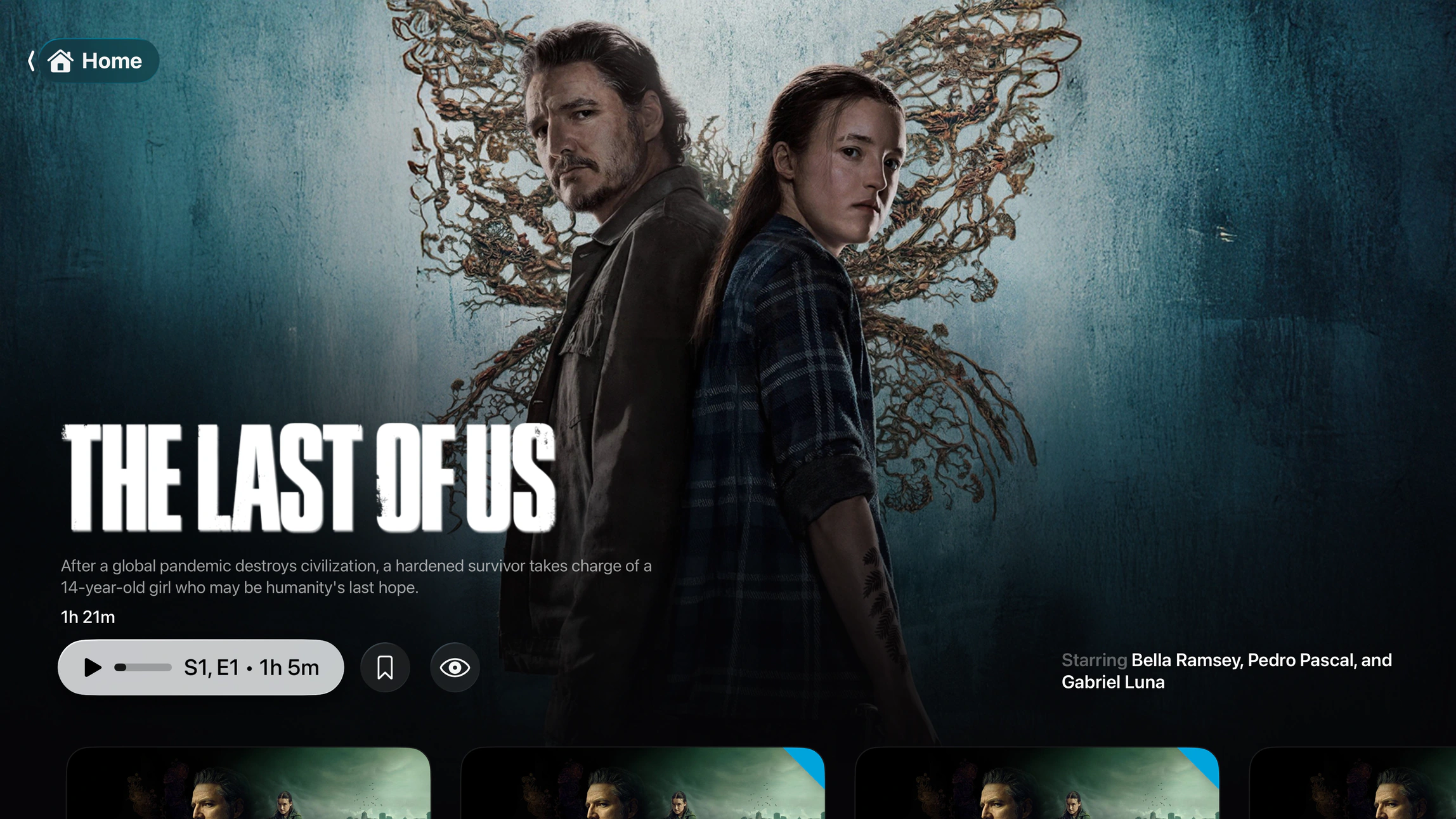 Plozz show details screen on Apple TV with a season picker and a rail of episode thumbnails