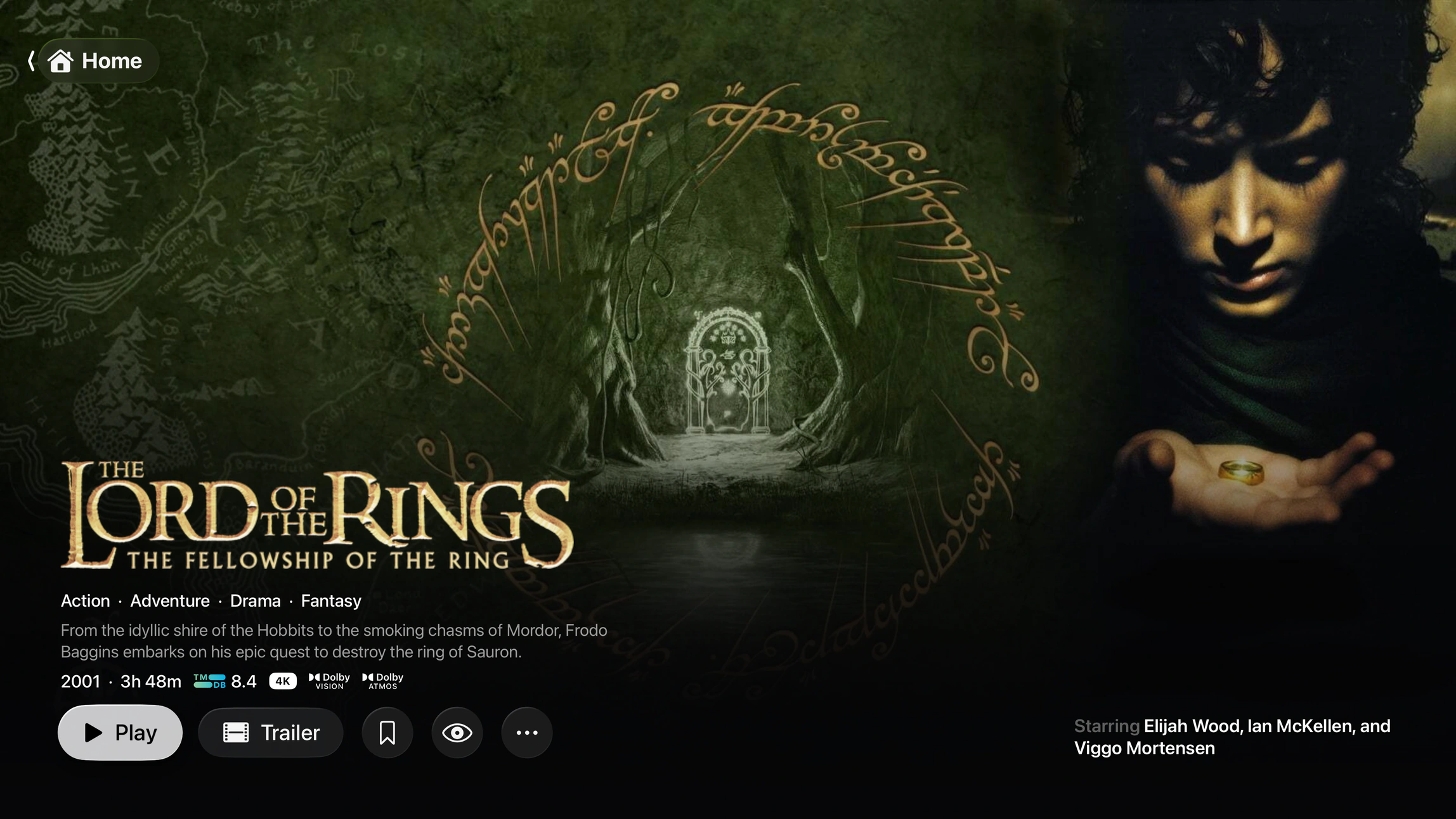 Plozz movie details screen on Apple TV with a partially watched progress bar on the play button and Dolby Vision and Dolby Atmos badges