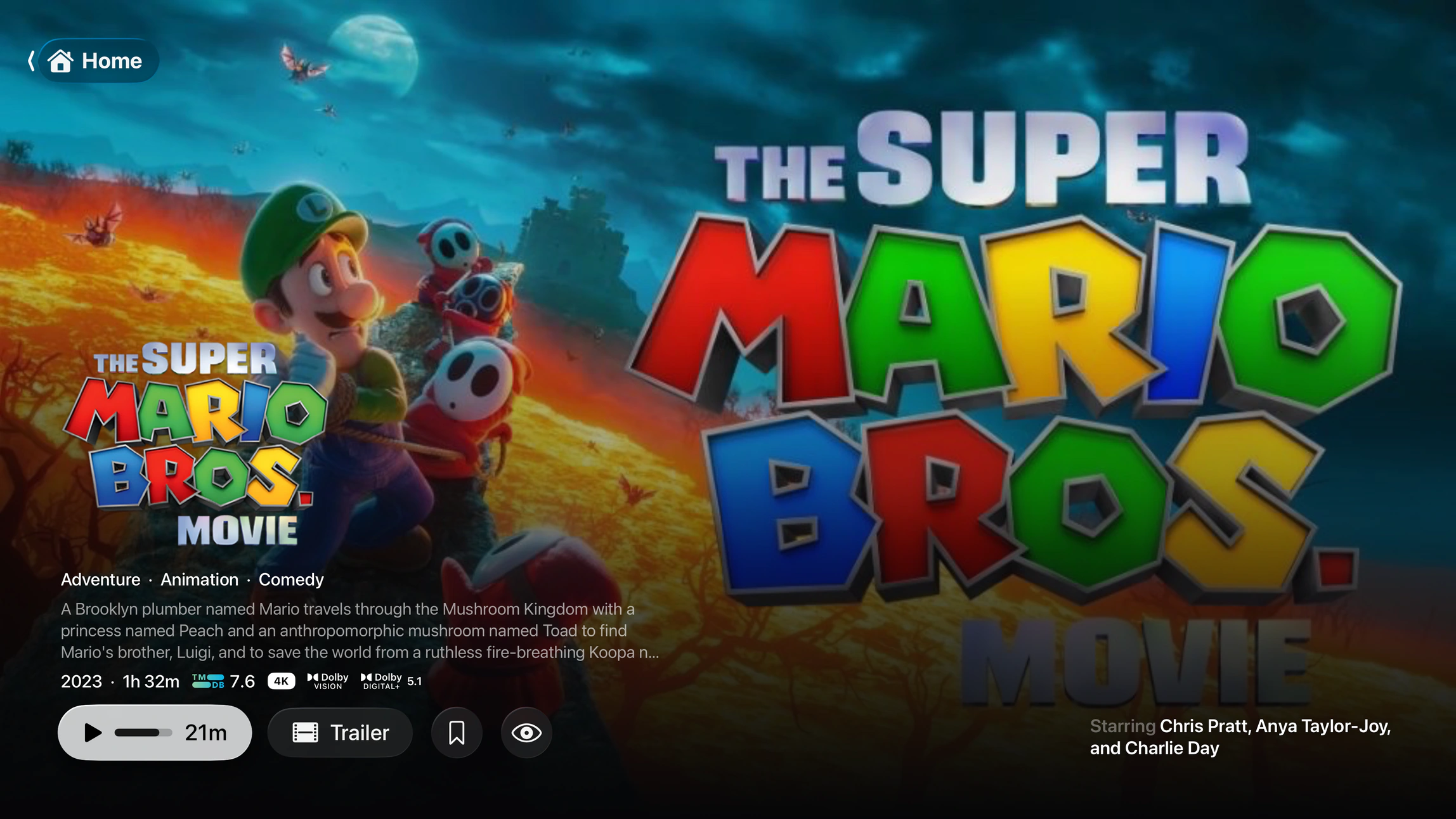 Plozz movie details screen on Apple TV showing critic and audience scores alongside 4K, Dolby Vision and HDR10 badges