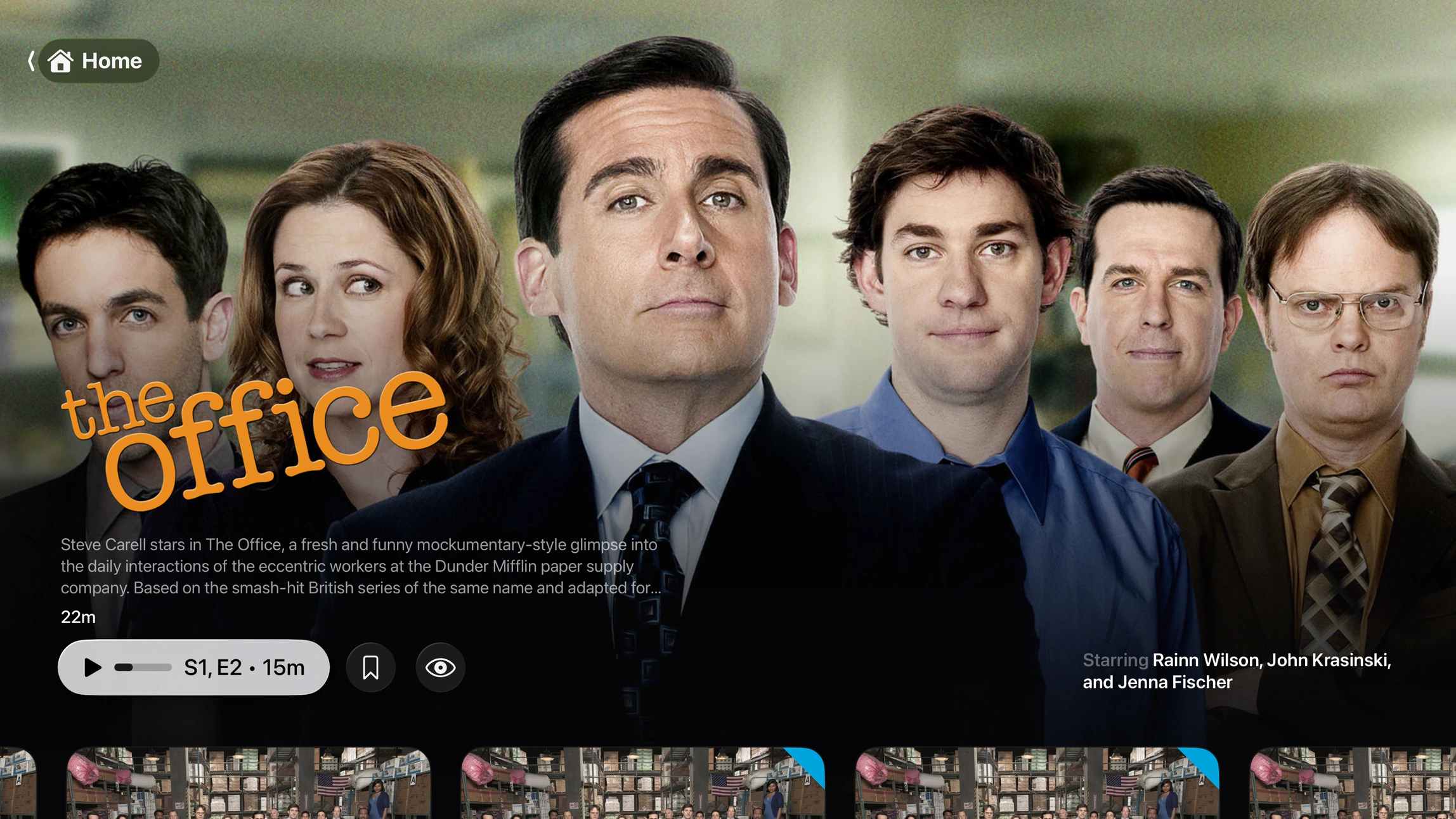 Plozz show details screen on Apple TV with a resume episode button and an episode rail below
