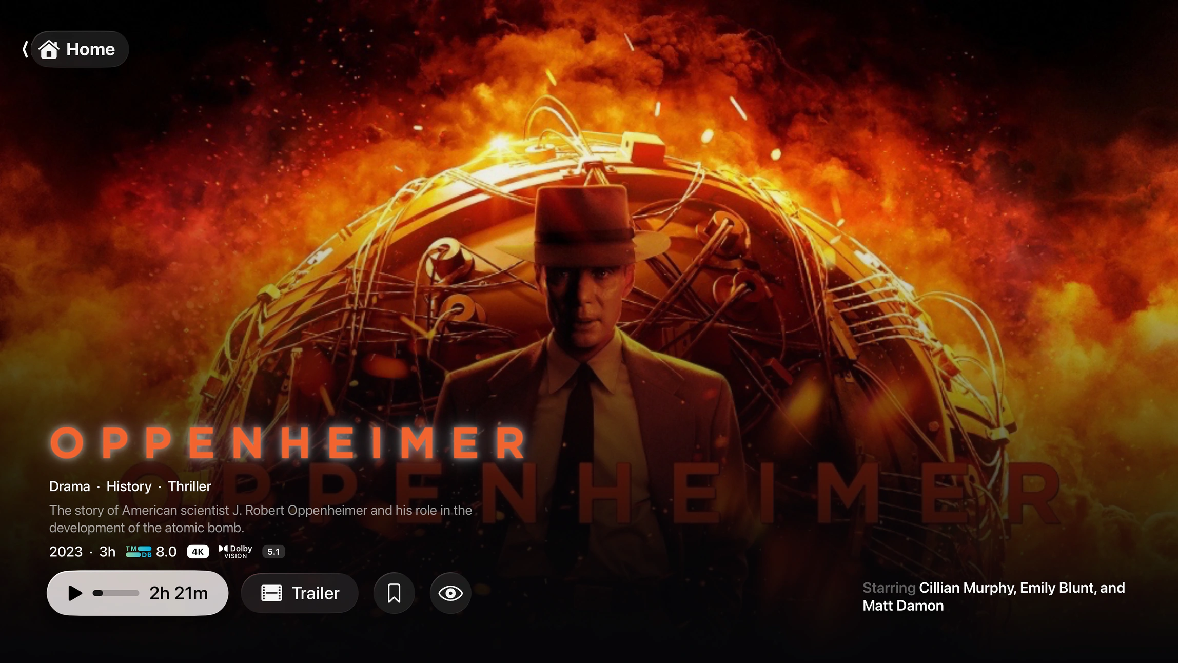 Plozz movie details screen on Apple TV showing ratings, 4K and HDR10 badges, and a resume button
