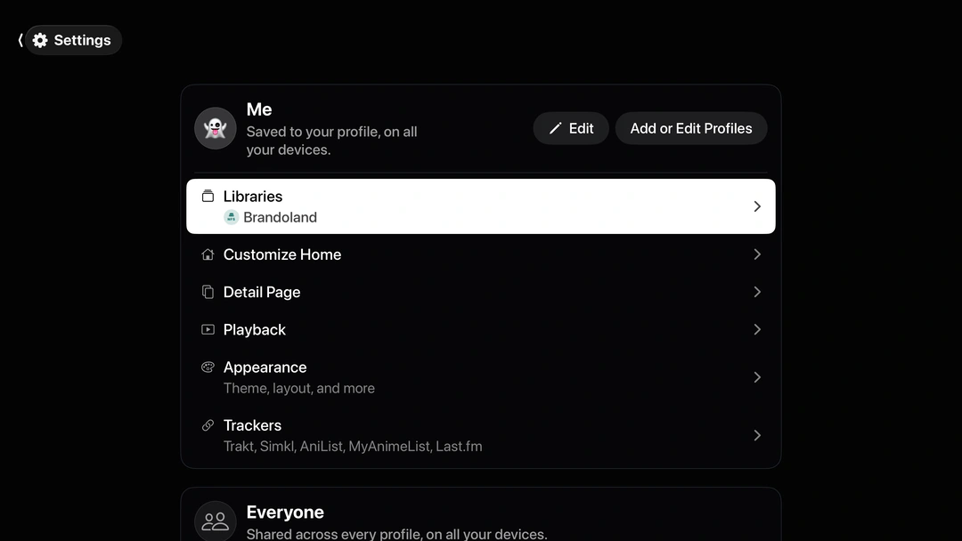 Settings on Apple TV